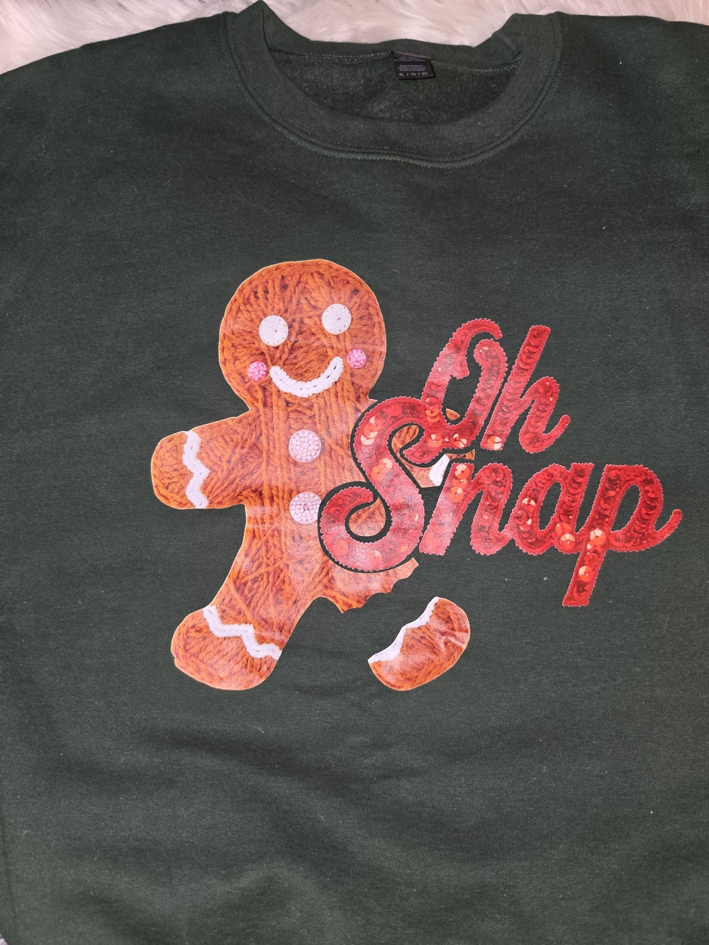 Gildan Dark Green Crewneck with Gingerbread "Oh Snap" Graphic
